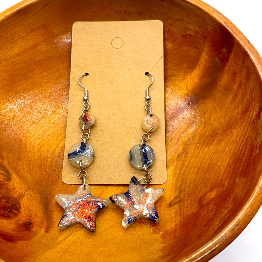 White and Blue with red sparkles extra long dangle polymer clay earrings